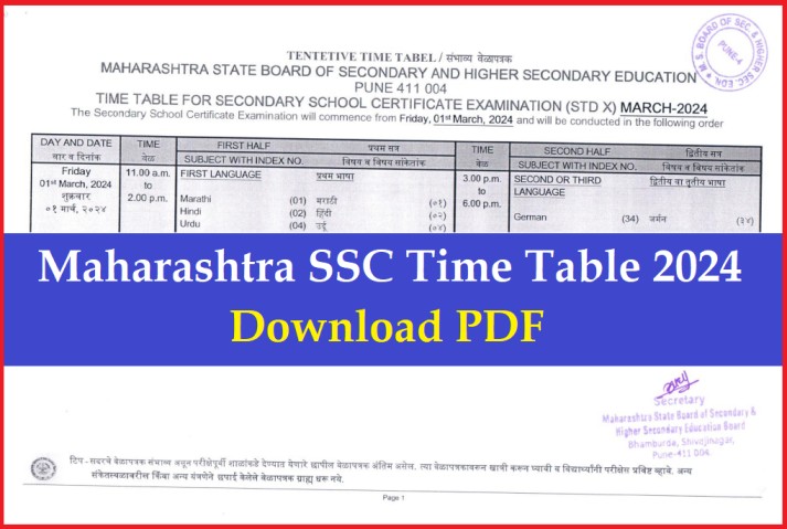 Maharashtra Board SSC Time Table 2024 PDF